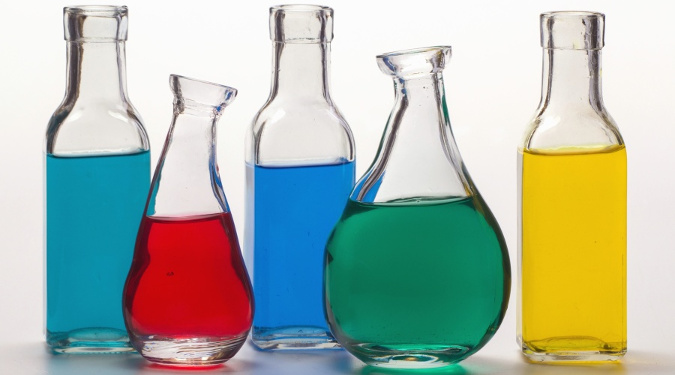 Chemicals in glass laboratory beakers