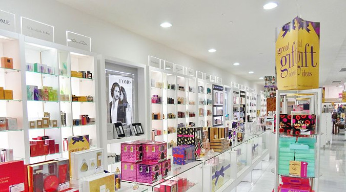 Rob wanted products that looked professional and polished or, in his words, "Not crunchy." A picture of a cosmetics and fragrance counter.